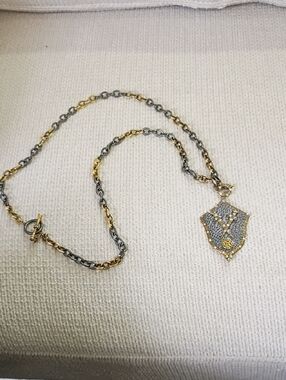 Two-Tone Gold & Silver Pavé Shield Pendant Necklace